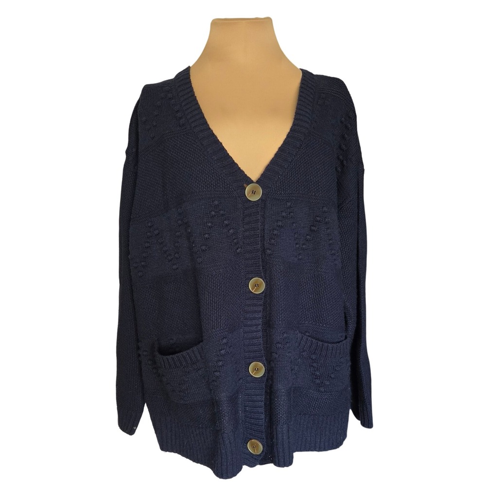 CJ Banks Womens Navy Blue Bobble Knit Button Front Cardigan Sweater Size X